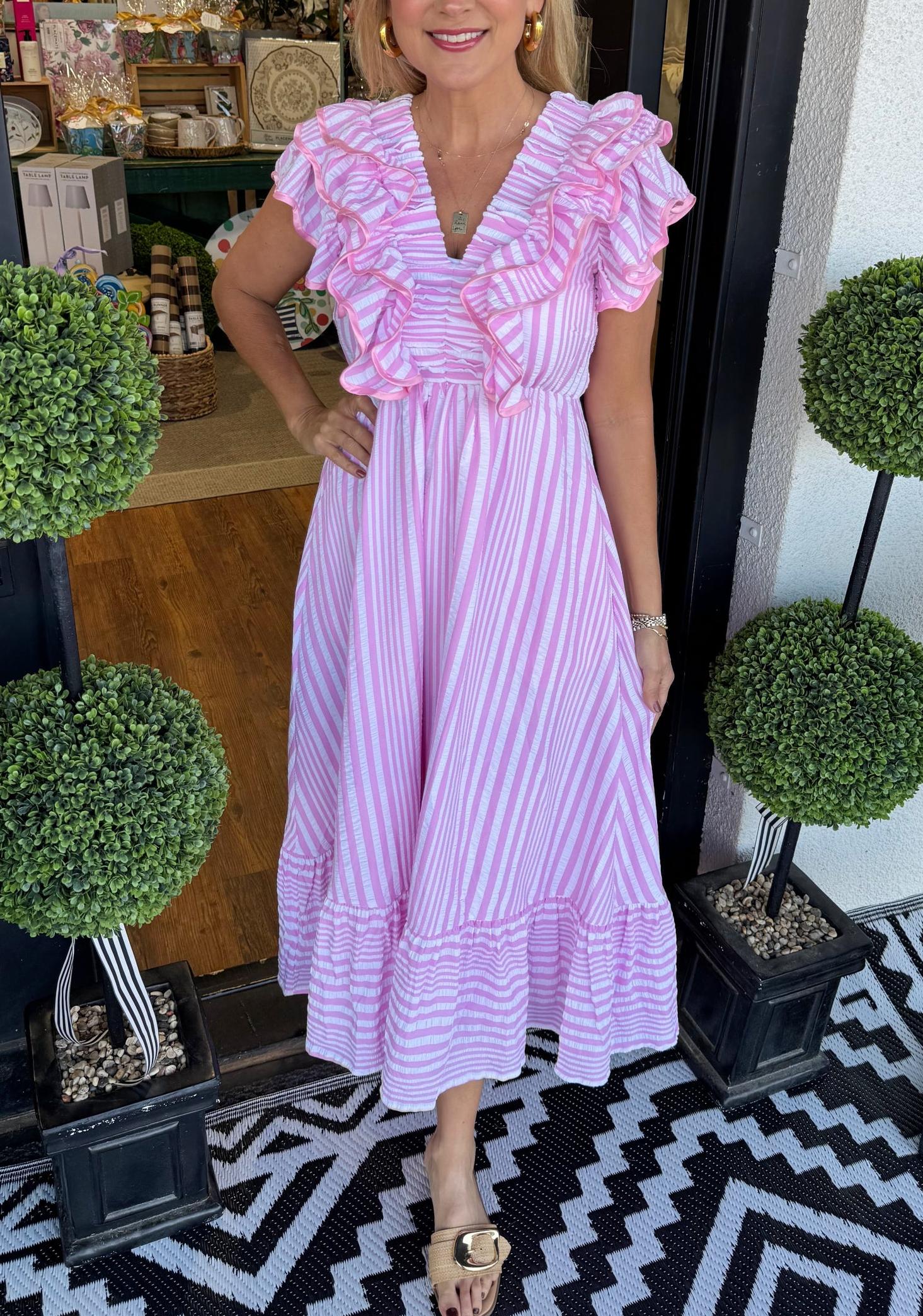 Women's Elegant V-neck Striped Ruffle Detail Midi Dress(Buy 2 Free Shipping)
