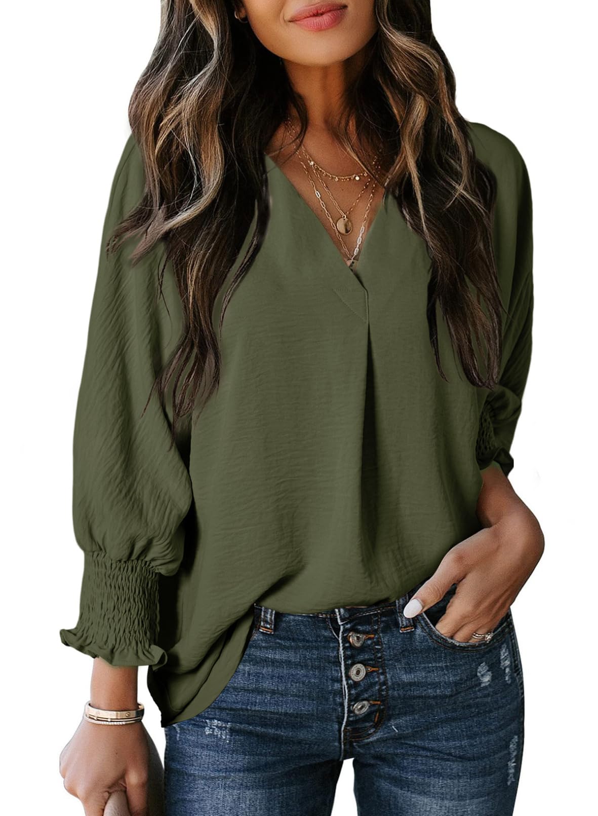 Casual 3/4 Sleeve V Neck Loose Fit Basic Tees (Buy 2 Free Shipping)