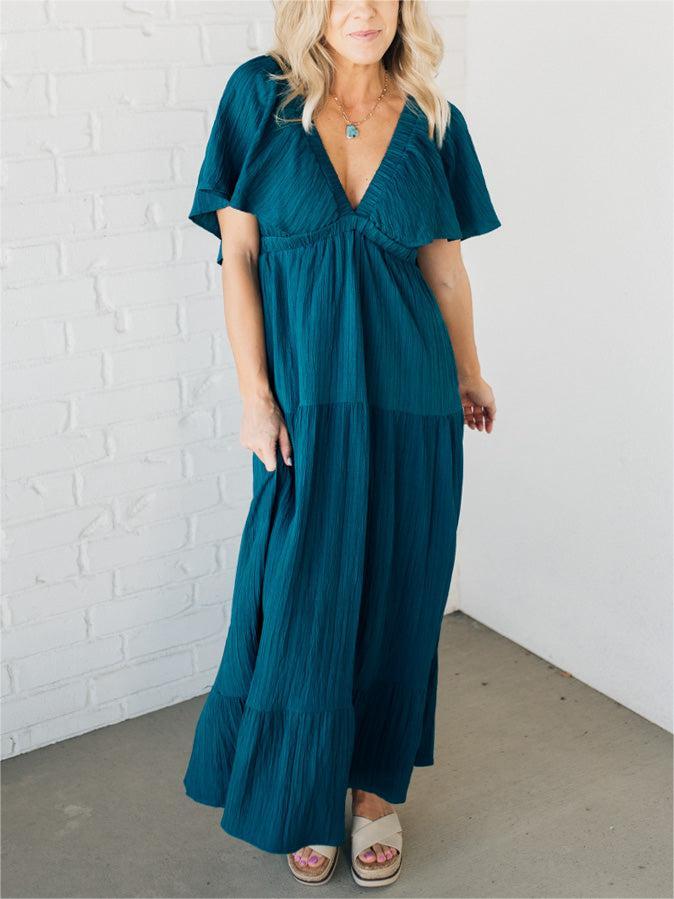 ⏰Spring Sale-Women's Summer V-Neck Smocked Waist Maxi Dress (Buy 2 Free Shipping)