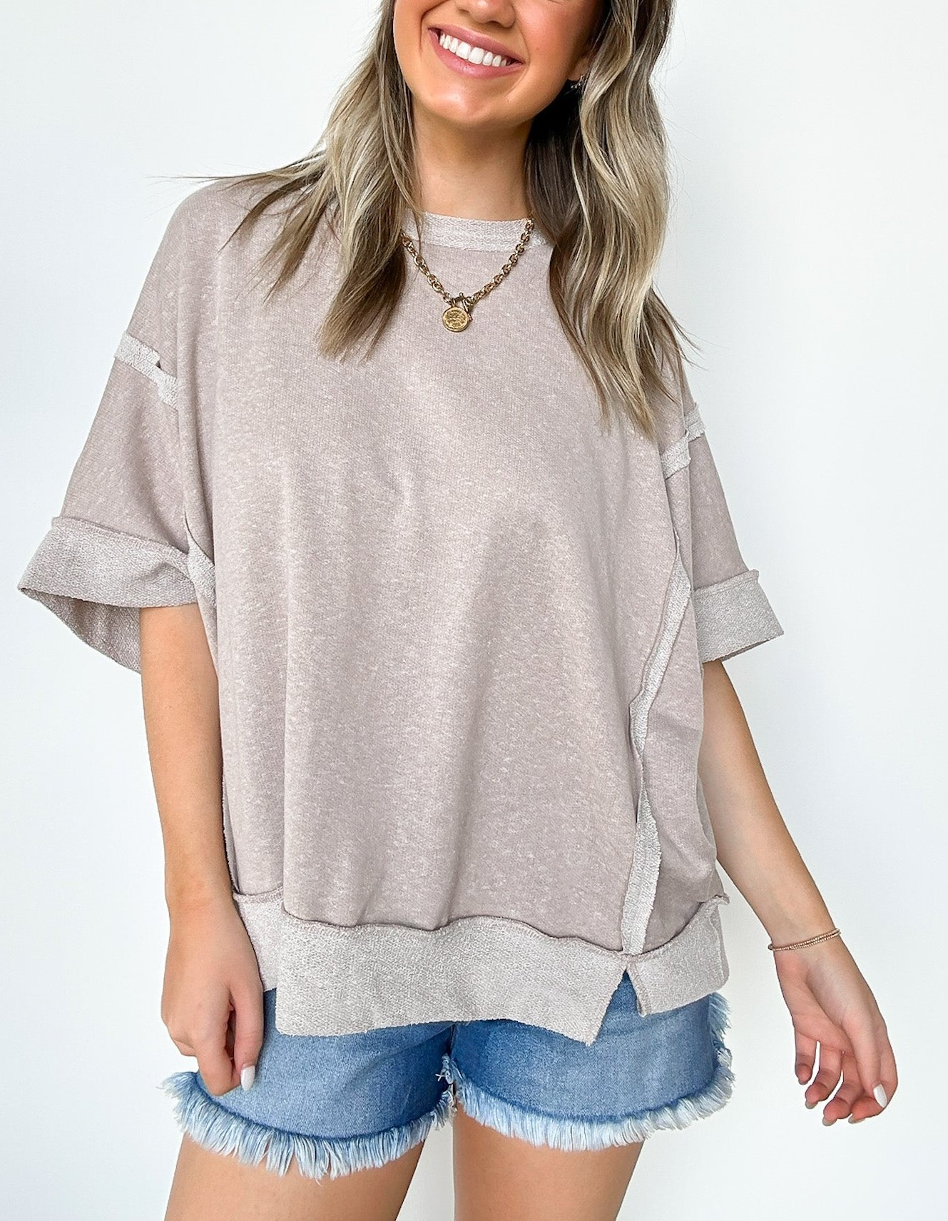 Contrast Trim Relaxed Drop Shoulder Top (Buy 2 Free Shipping)