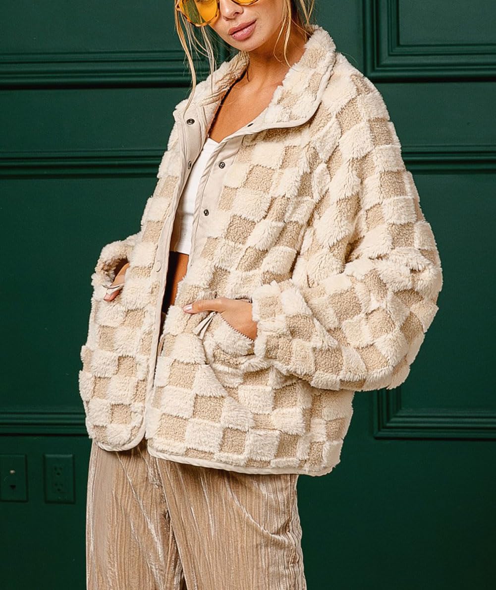 Women Winter Casual Checkered Fleece Sherpa Jacket (Buy 2 Free Shipping)