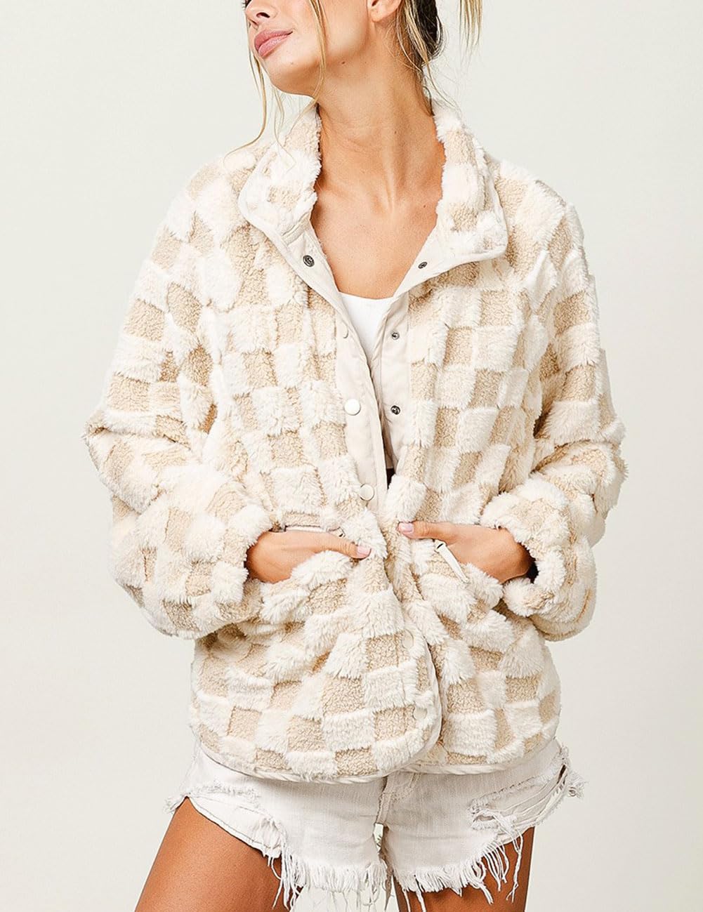 Women Winter Casual Checkered Fleece Sherpa Jacket (Buy 2 Free Shipping)