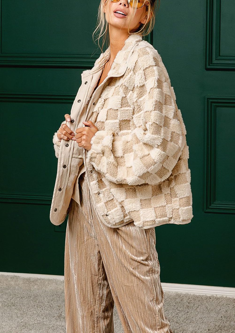 Women Winter Casual Checkered Fleece Sherpa Jacket (Buy 2 Free Shipping)