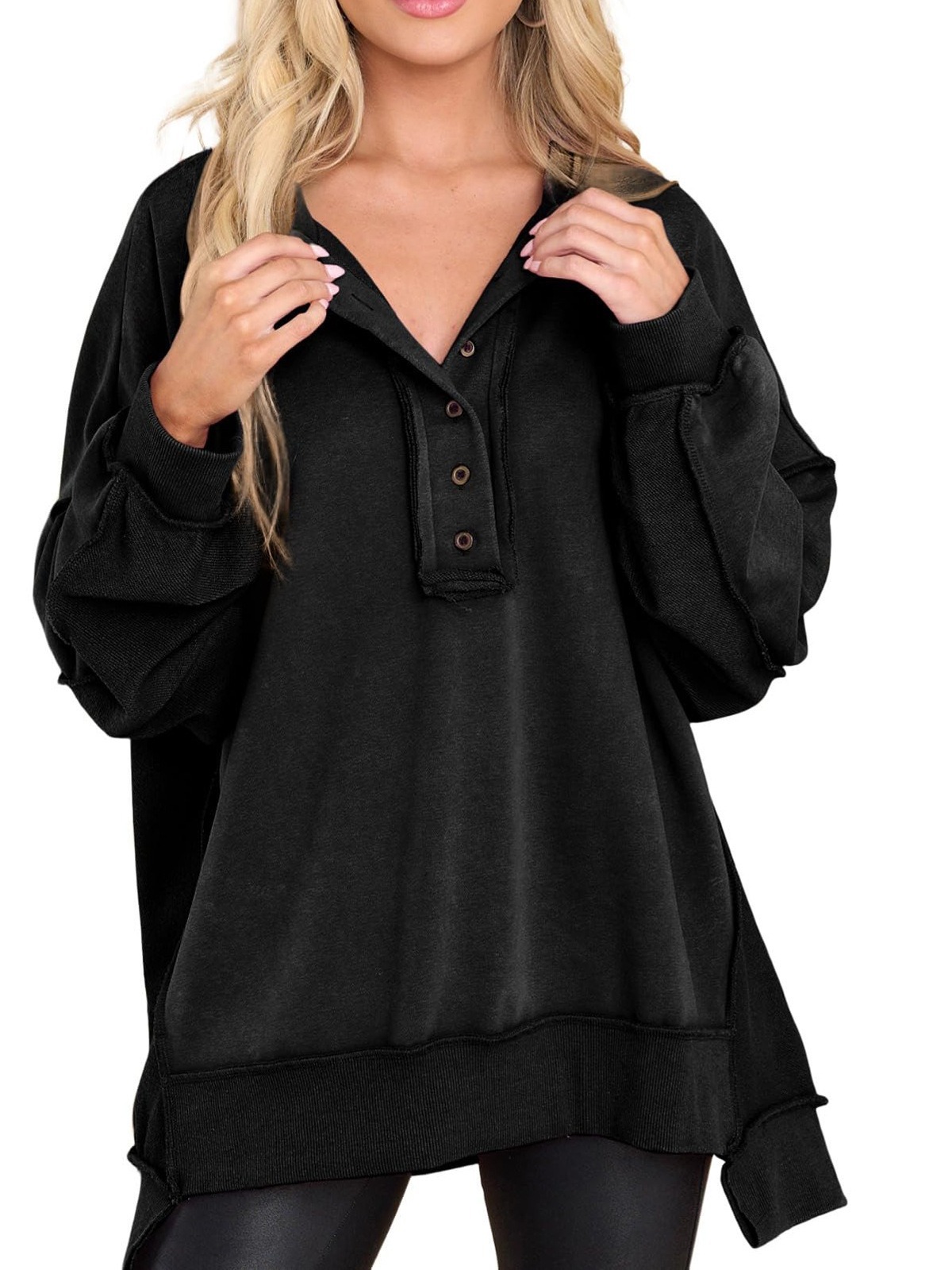 Oversized Casual Buttoned Henley Sweatshirt (Buy 2 Free Shipping)