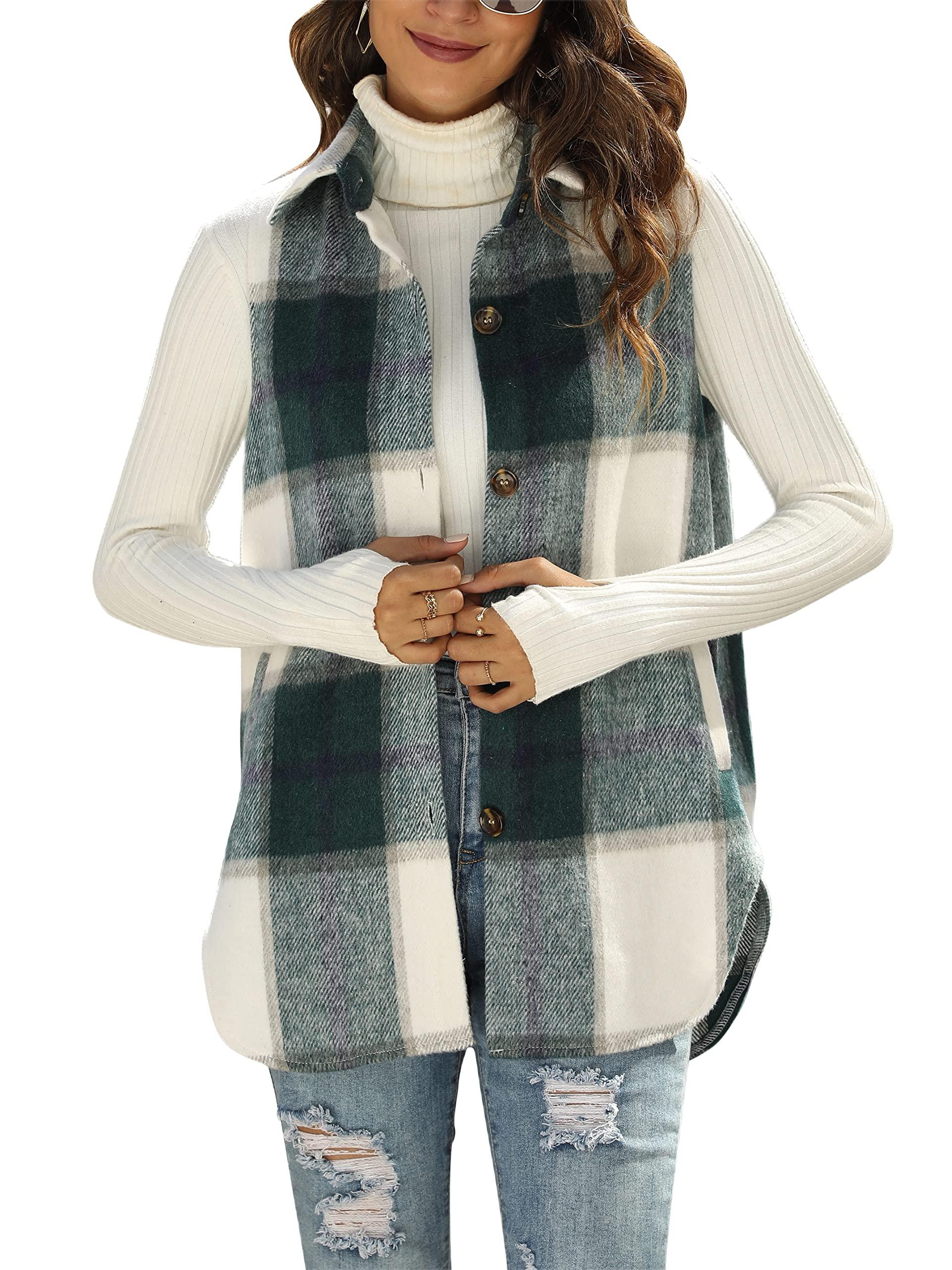 Womens Fall Flannel Plaid Vest Button Down Sleeveless Shirt Jacket