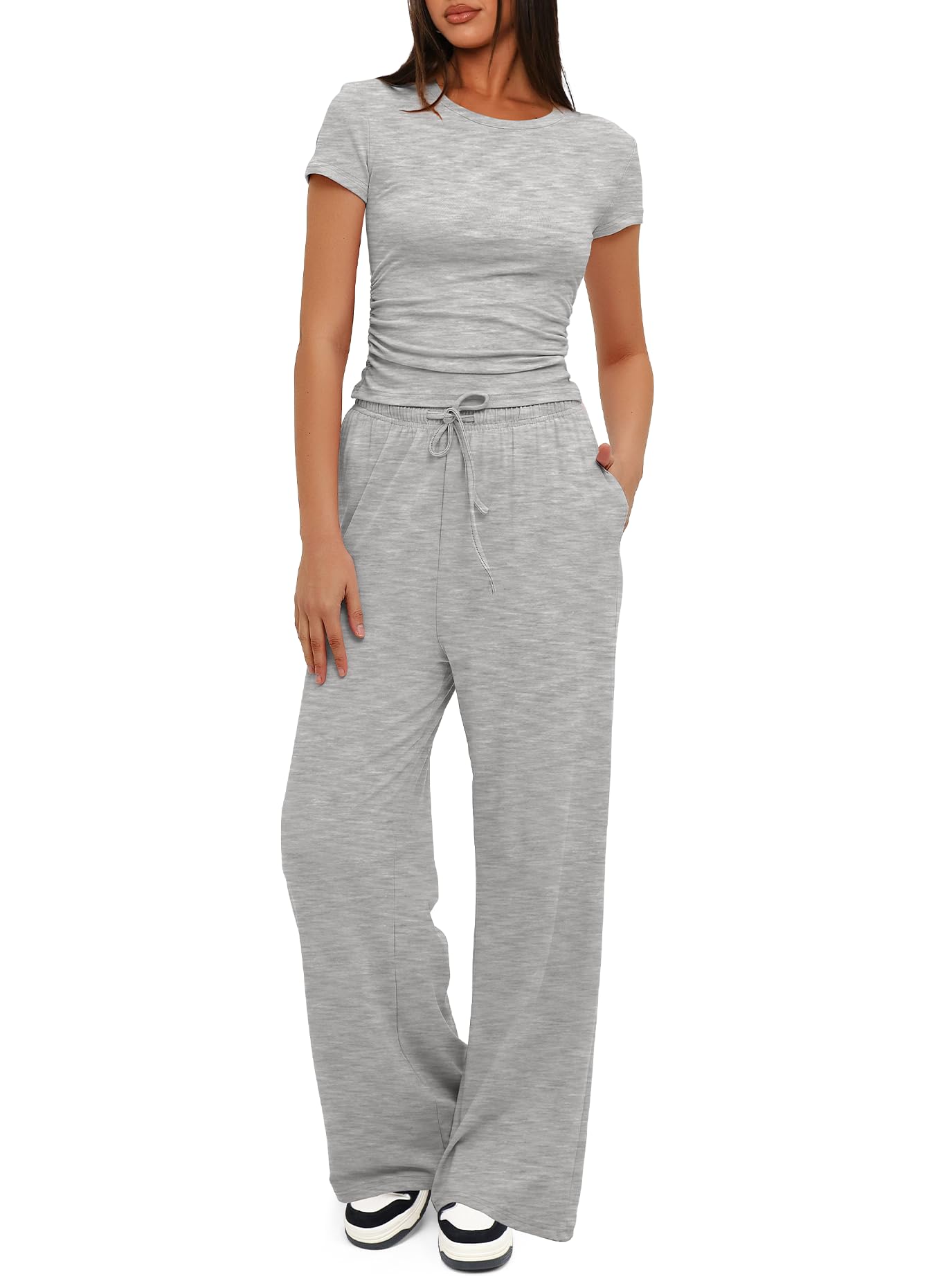 Women's Ruched Short Sleeve Tops and High Waisted Wide Leg Pants  Sets
