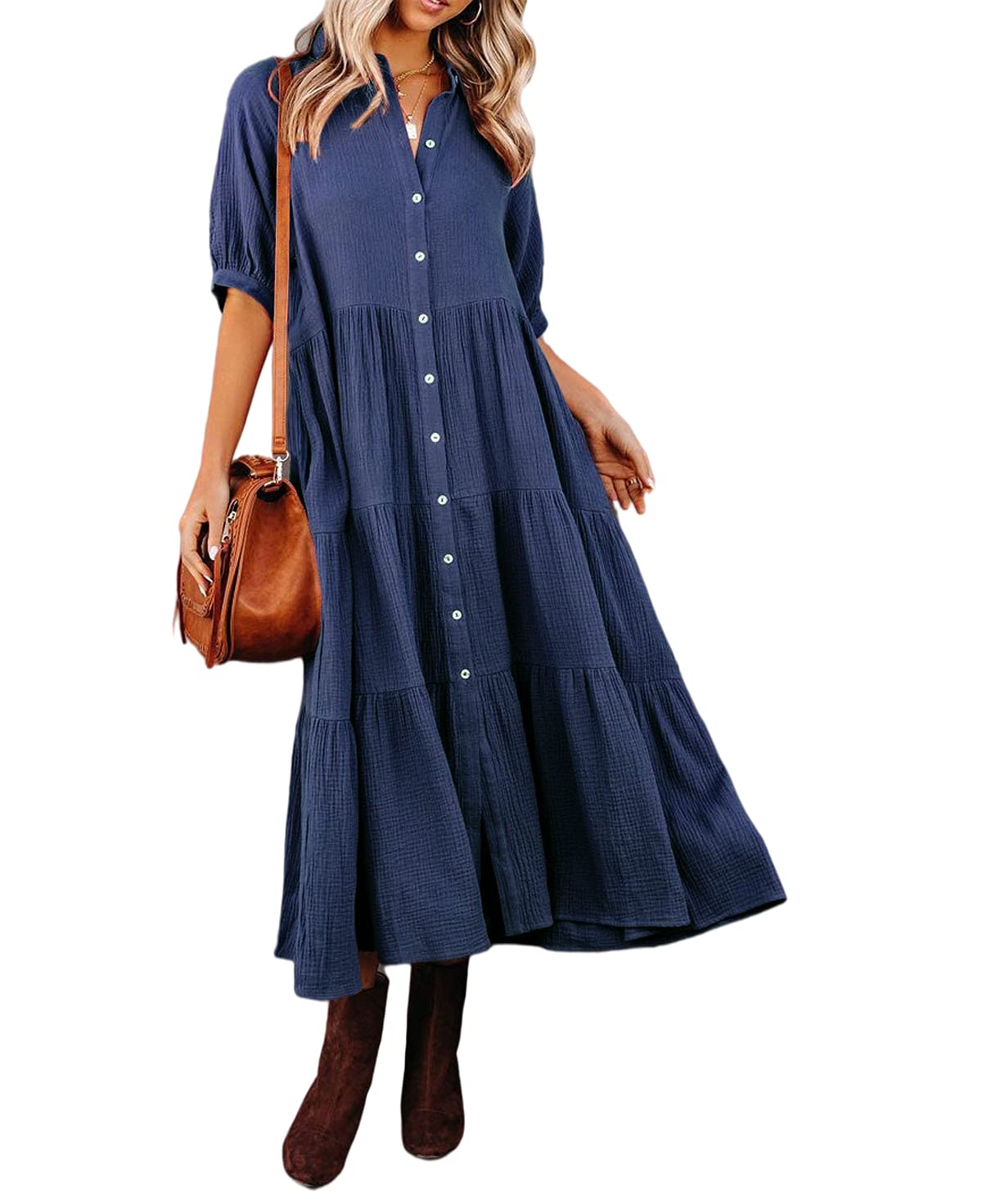 2024 Women'S Half Sleeve Collared Button Down Loose Flowy Pockets Casual Dresses(Buy 2 10% OFF)