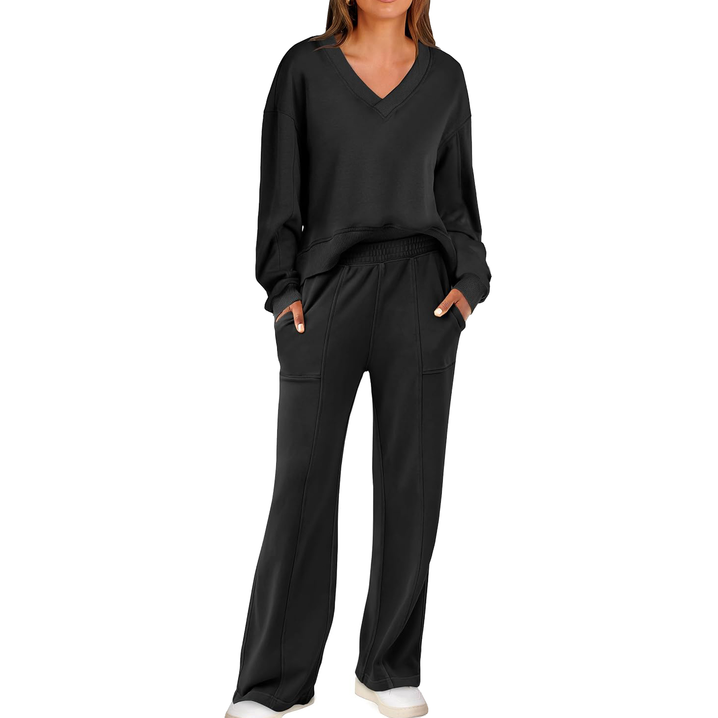 Women 2 Piece Outfits V Neck Sweatshirts Wide Leg  Lounge Sets