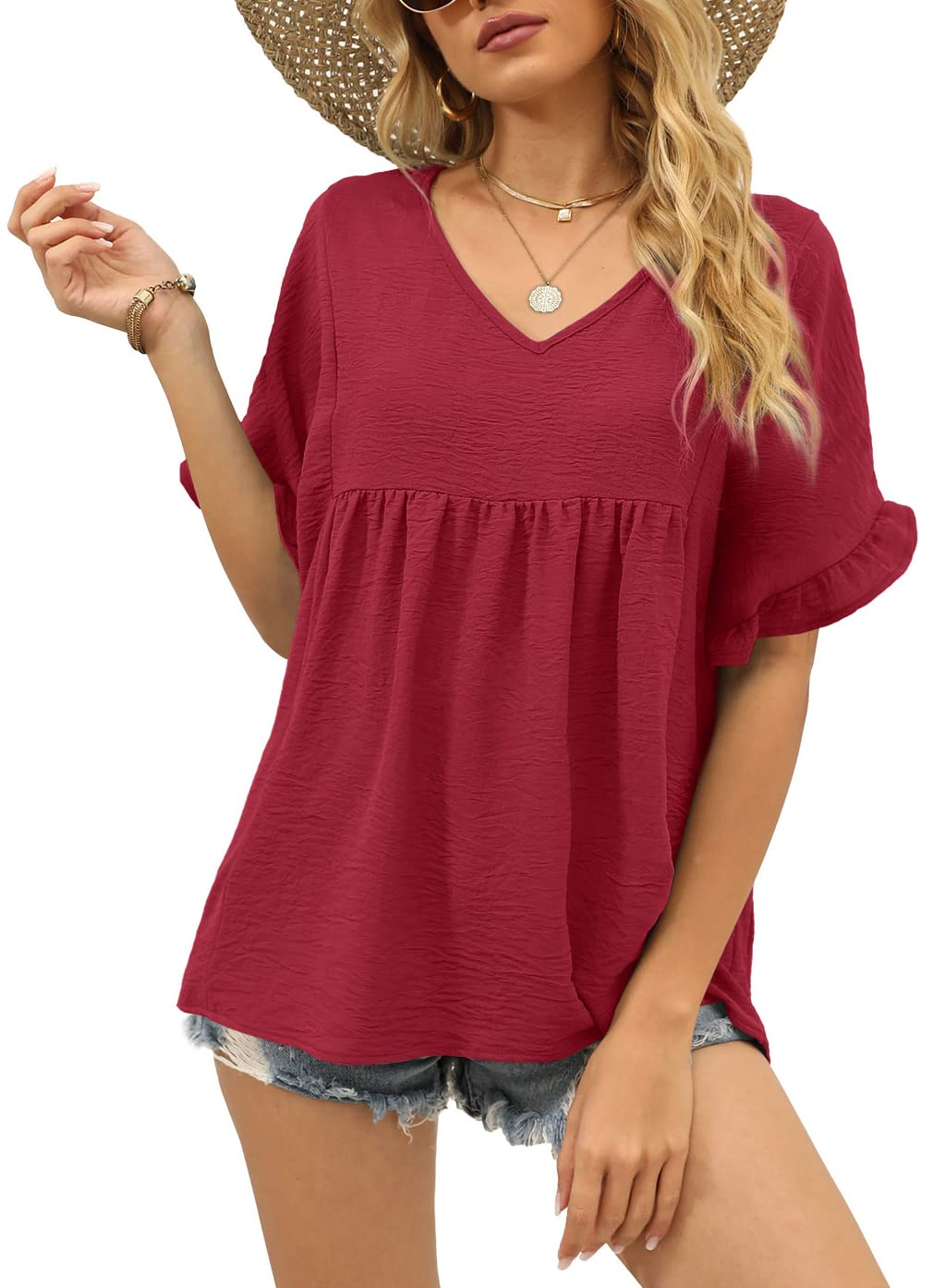 Womens Tops Casual V Neck Ruffle Sleeve T Shirts Babydoll Loose Fit Peplum Tops