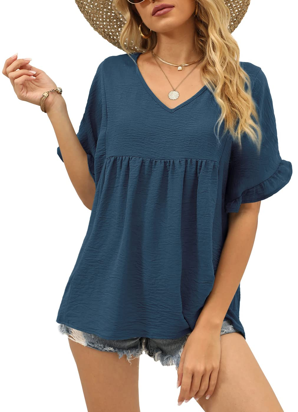 Womens Tops Casual V Neck Ruffle Sleeve T Shirts Babydoll Loose Fit Peplum Tops