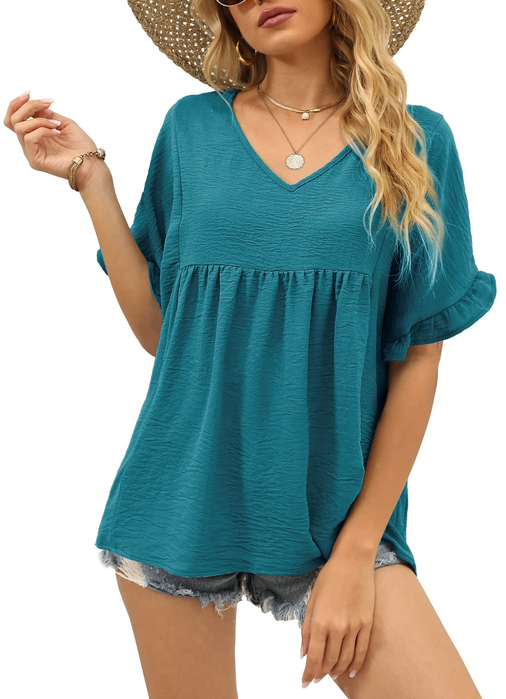 Womens Tops Casual V Neck Ruffle Sleeve T Shirts Babydoll Loose Fit Peplum Tops