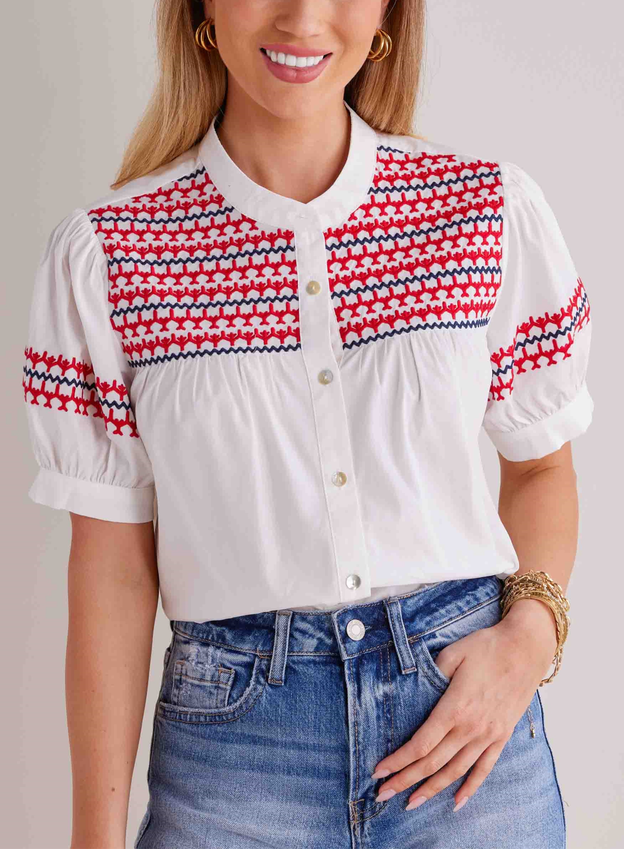 Embroidered Button Puff Sleeve Top (Buy 2 Free Shipping)