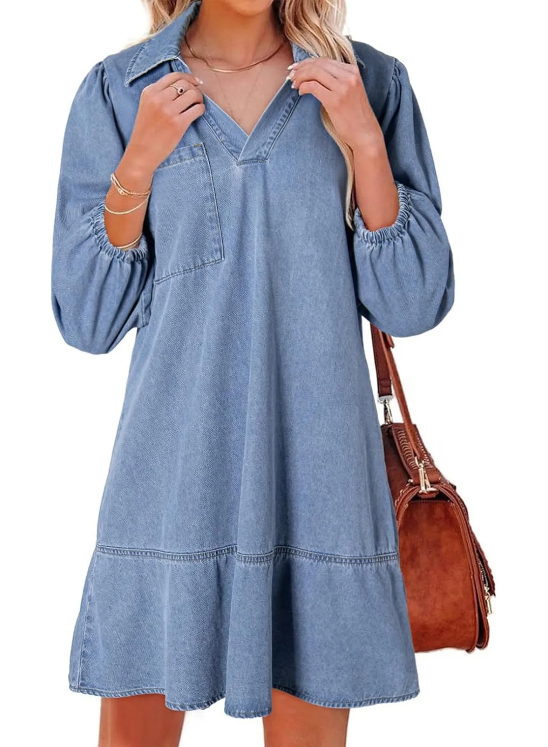 ✨Women's V-Neck Puff Sleeve Denim Layered Dress (Buy 2 Get Free Shipping)