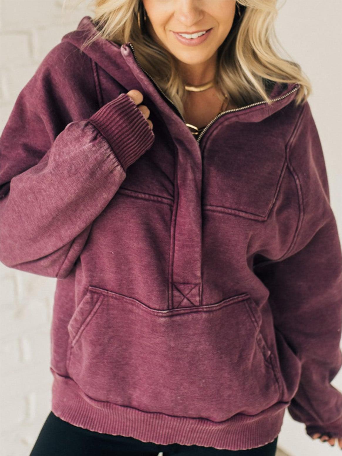 Women's Zip Henley Acid Wash Fleece Hoodie (Buy 2 Free Shipping)