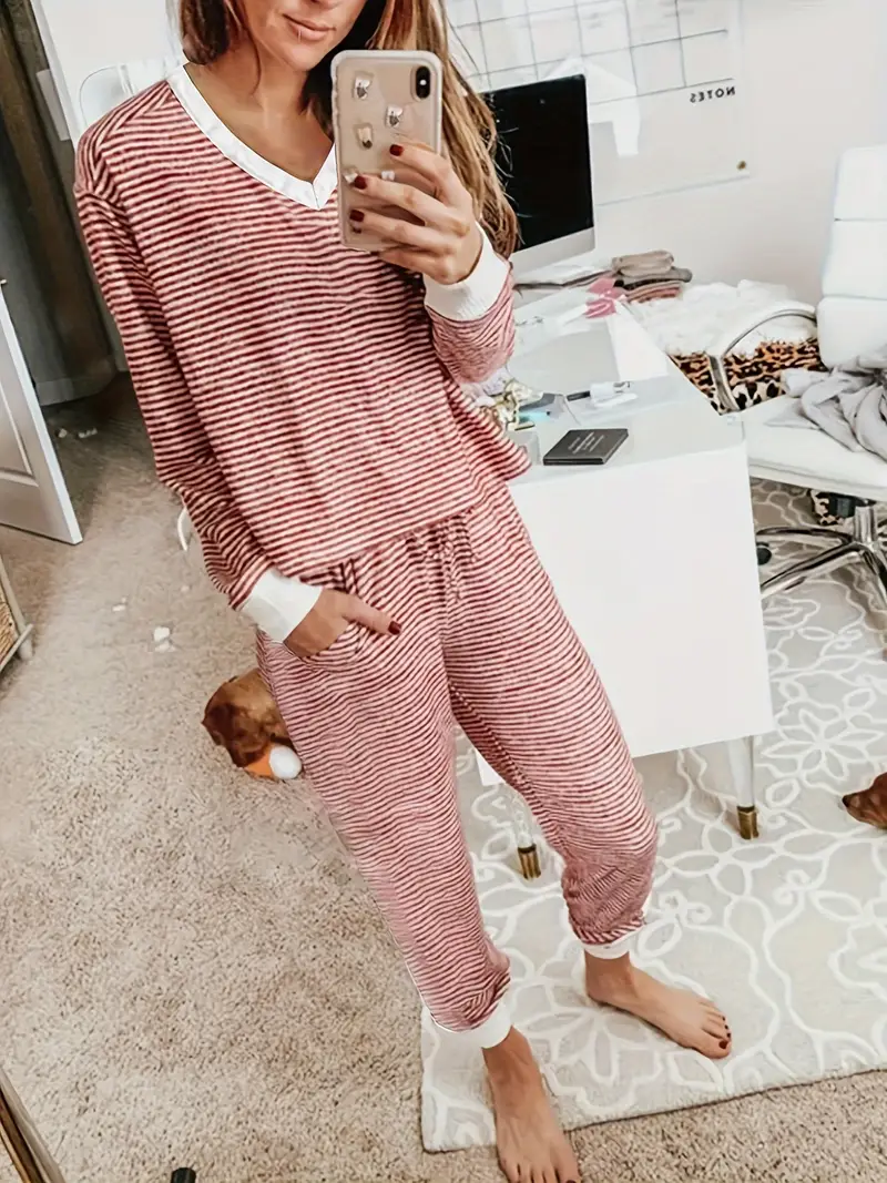 Cozy Soft Stripe V Neck Lounge Pajamas Set (Buy 2 Free Shipping)
