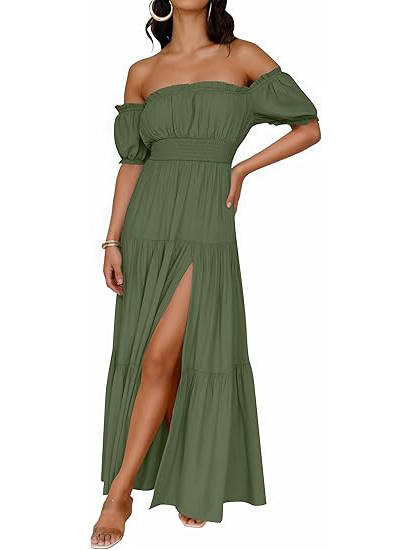 Women's Off Shoulder Side Split Flowy Maxi Dress (Buy 2 Free Shipping)