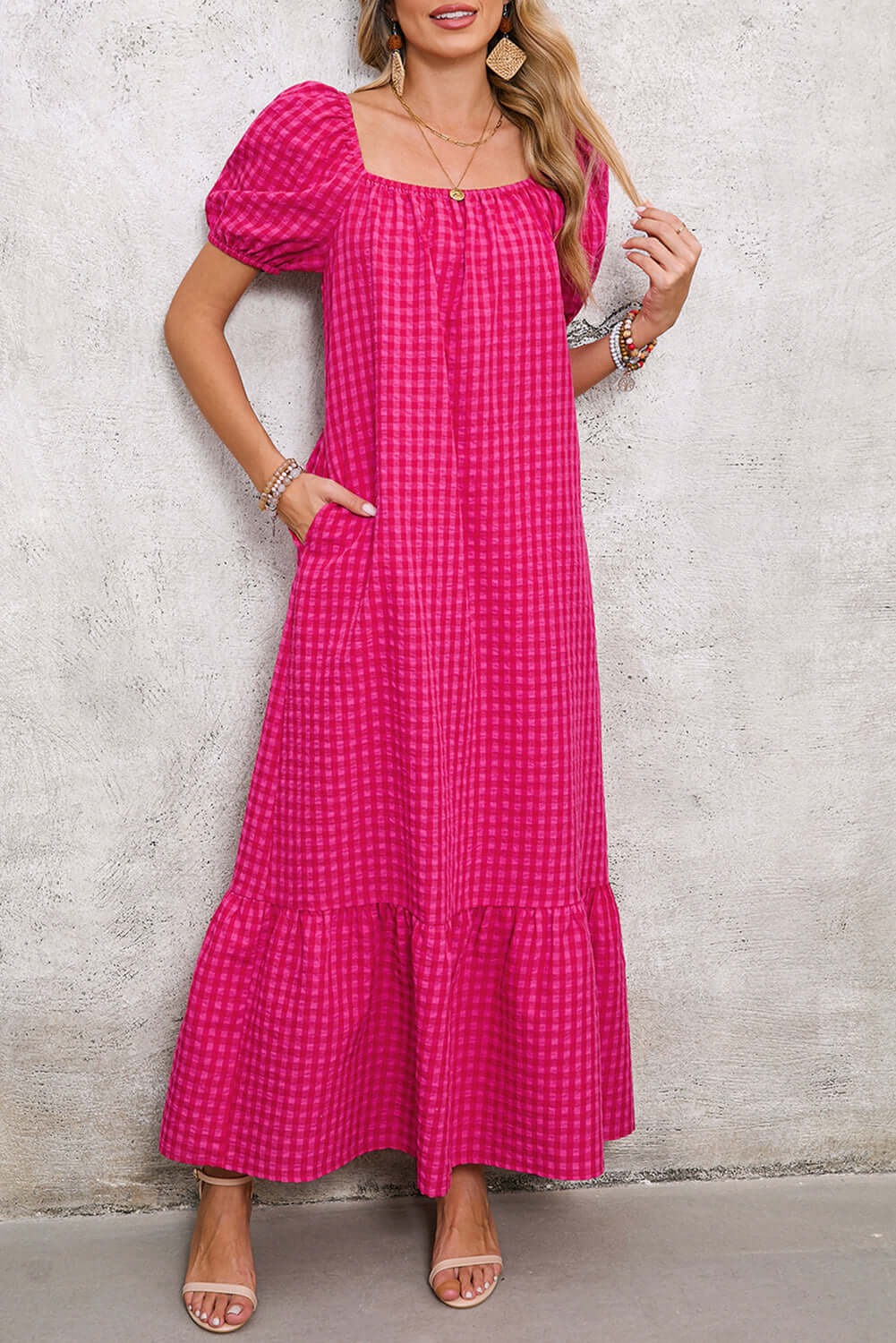 Women's Puff Sleeve Square Neck Check Maxi Dress（Buy 2 Free Shipping)