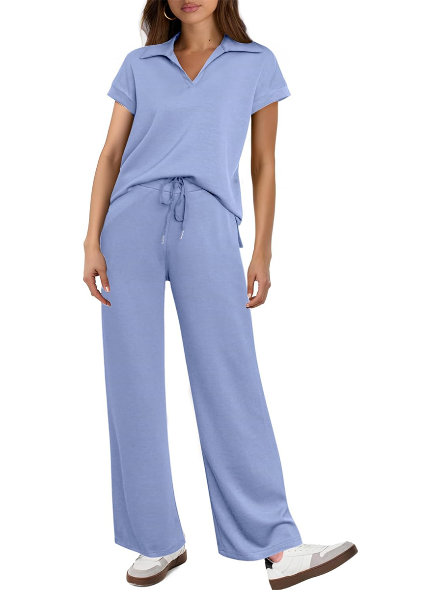 Women's Short Sleeve Top and Drawsting Widw LEGPants 2 Piece Lounge Set Tracksuit