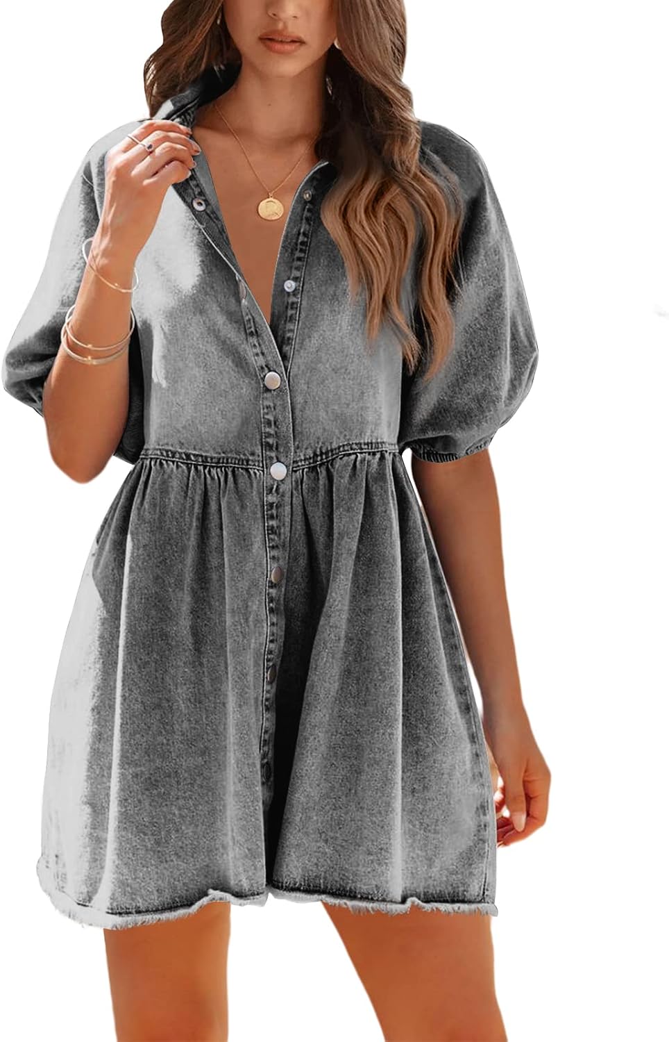 Button Down Short Sleeve Puff Sleeve Flowy Denim Dress(Buy 2 Free Shipping)