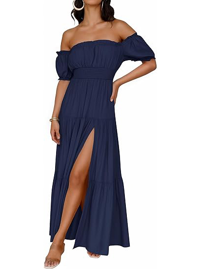 Women's Off Shoulder Side Split Flowy Maxi Dress (Buy 2 Free Shipping)