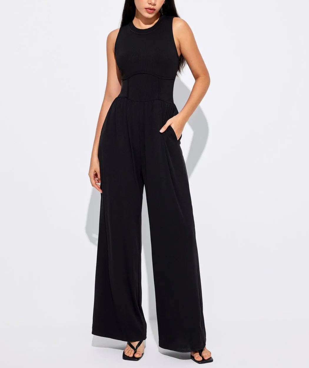 2024 NEW Solid Sleeveless Wide Leg Jumpsuit