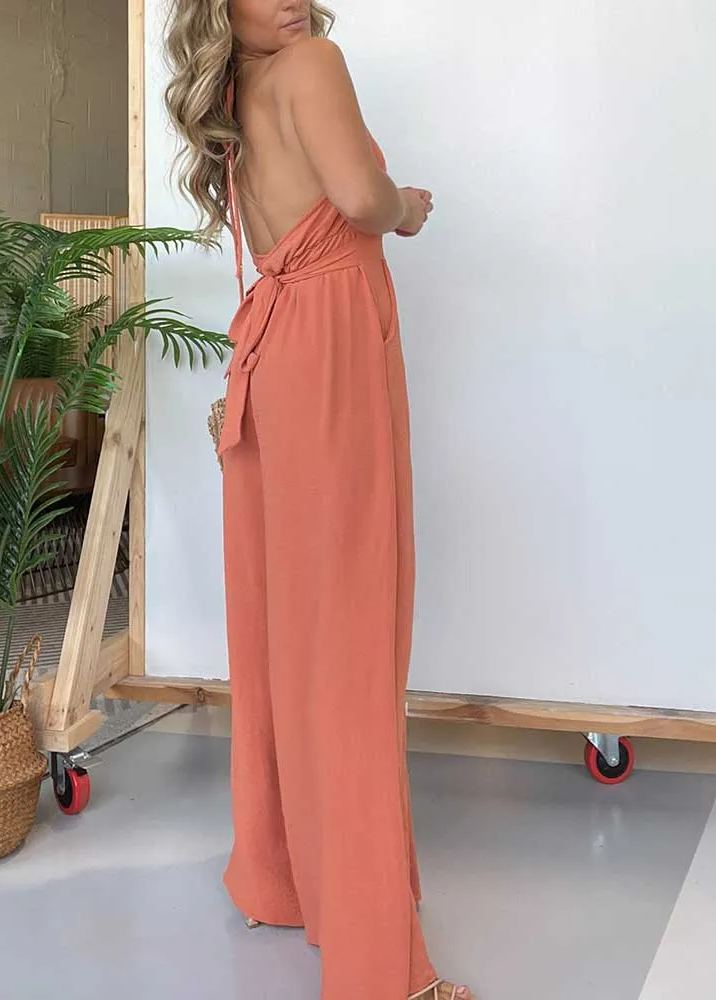 Halter Neck Open Back Jumpsuit with Adjustable Neck