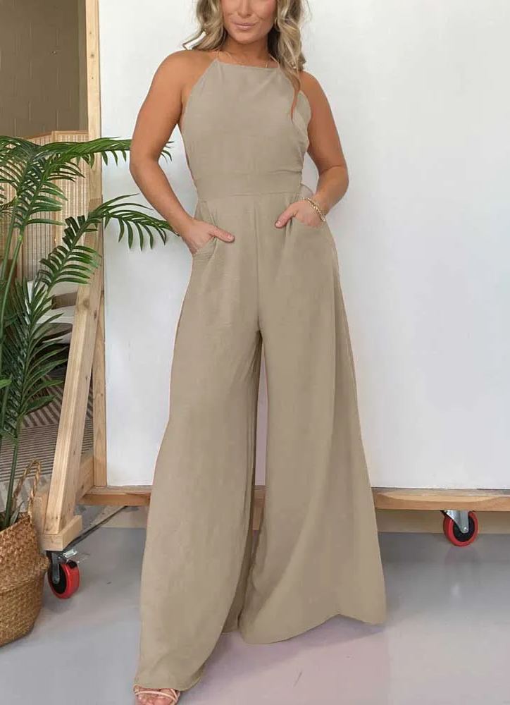Halter Neck Open Back Jumpsuit with Adjustable Neck