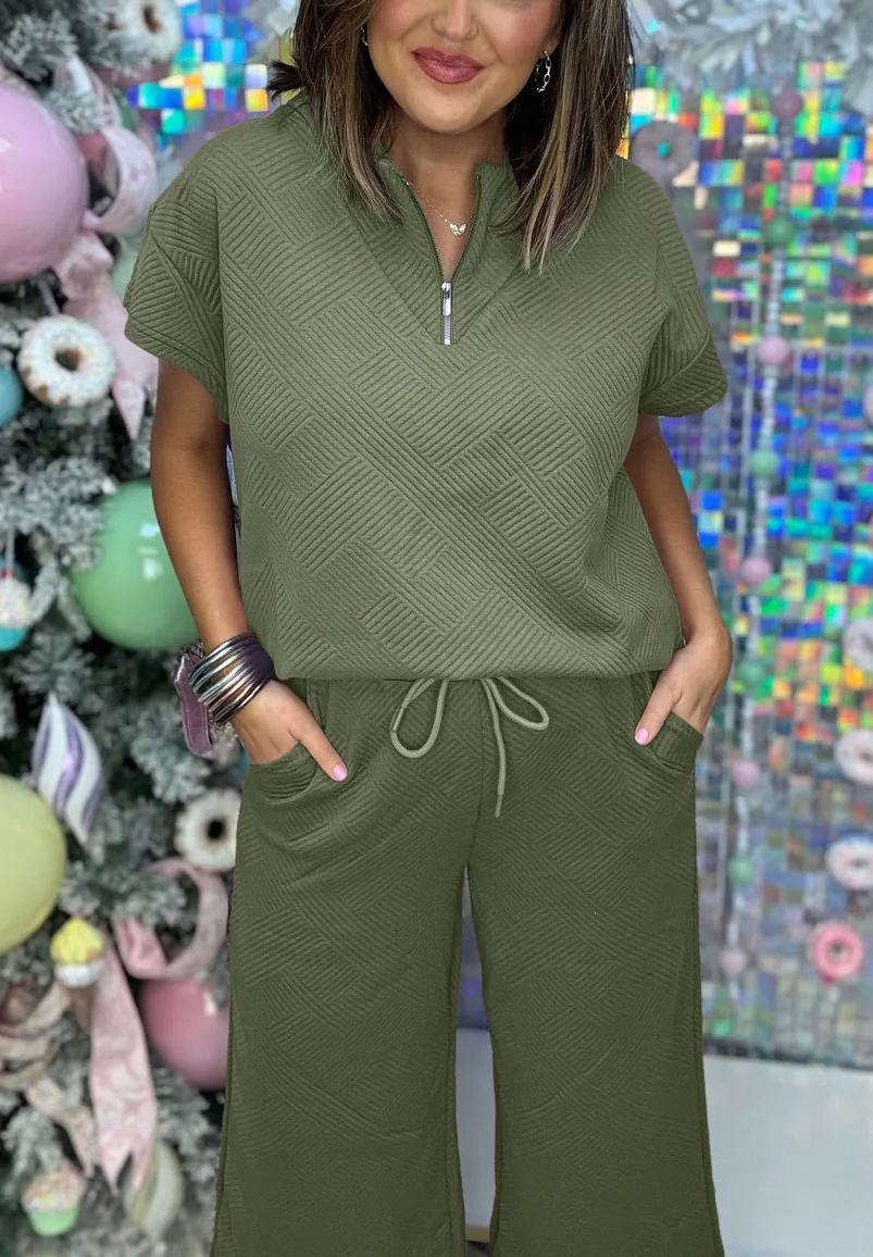 Women's Textured Loose Zip Top and Drawstring Pants Casual Set (Buy 2 Free Shipping)