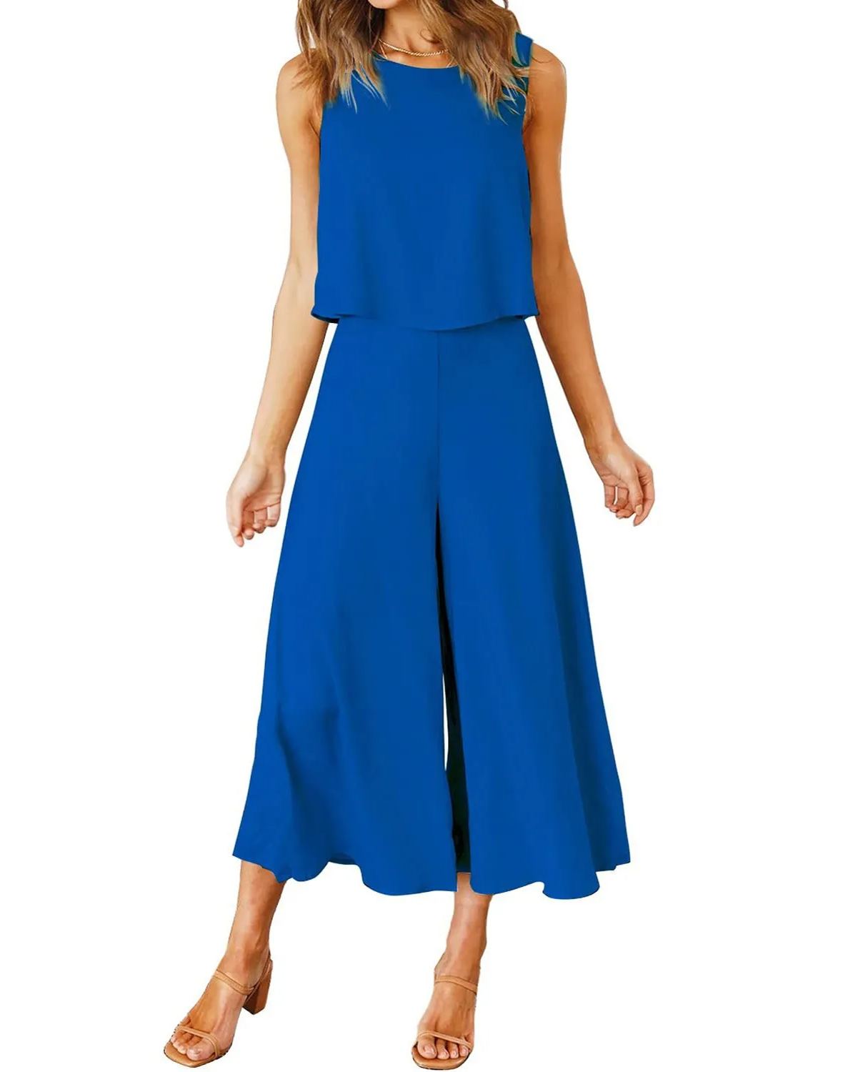 Women's Sleeveless Tank Crop Top Wide Leg Flowy Pants Set