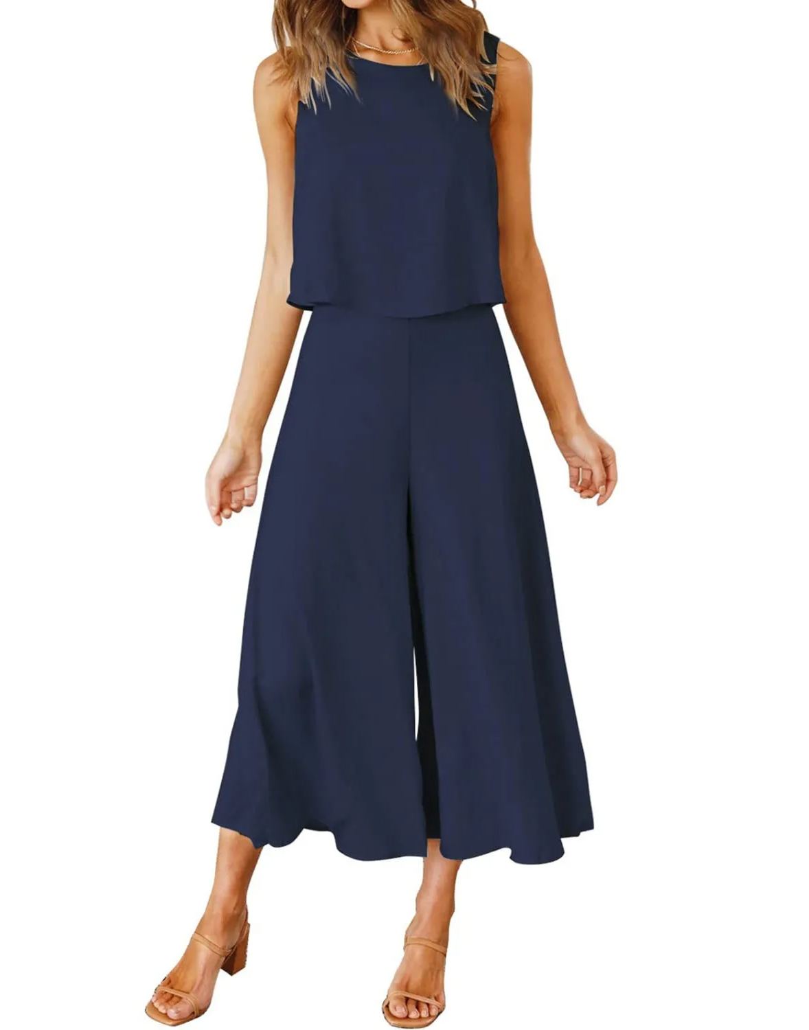 Women's Sleeveless Tank Crop Top Wide Leg Flowy Pants Set