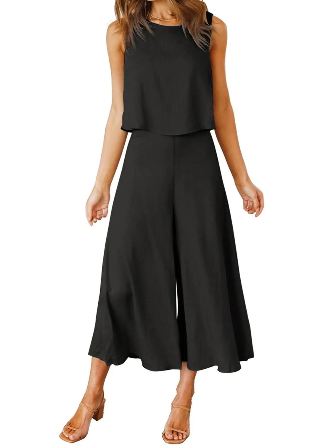 Women's Sleeveless Tank Crop Top Wide Leg Flowy Pants Set