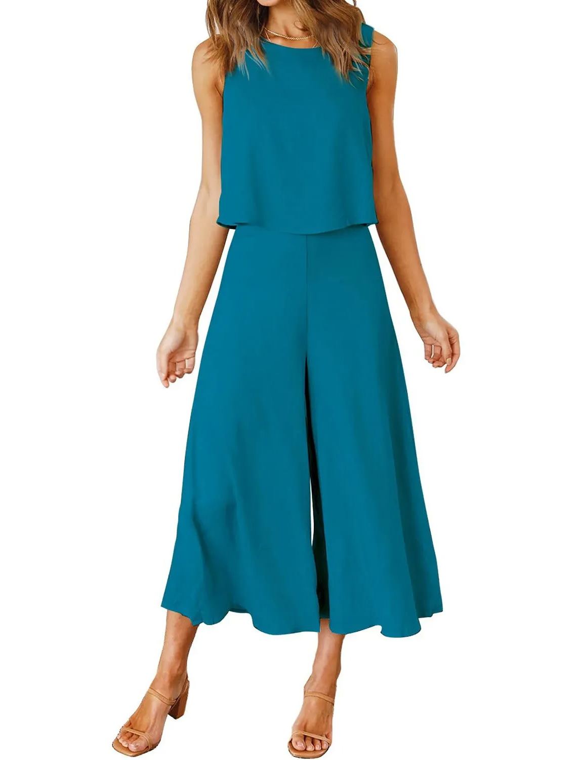 Women's Sleeveless Tank Crop Top Wide Leg Flowy Pants Set