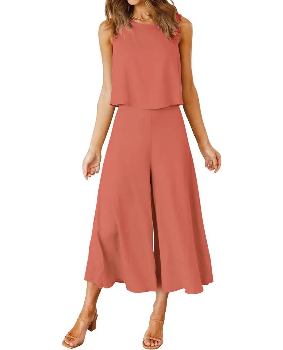 Women's Sleeveless Tank Crop Top Wide Leg Flowy Pants Set