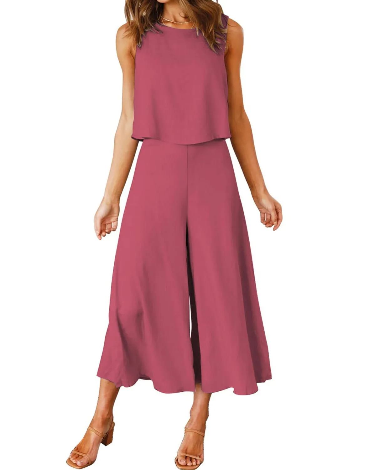 Women's Sleeveless Tank Crop Top Wide Leg Flowy Pants Set