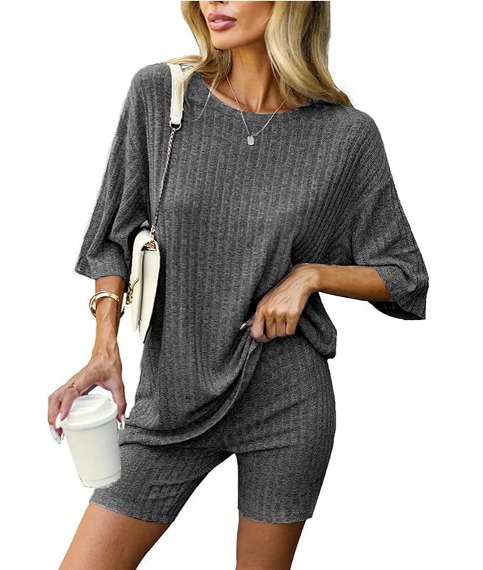 Women's Ribbed Short Sleeve Drop Shoulder Tee And Shorts Set (Buy 2 Free Shipping)