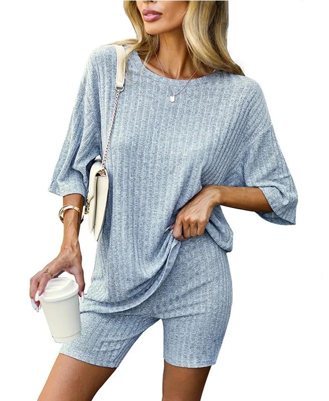 Women's Ribbed Short Sleeve Drop Shoulder Tee And Shorts Set (Buy 2 Free Shipping)