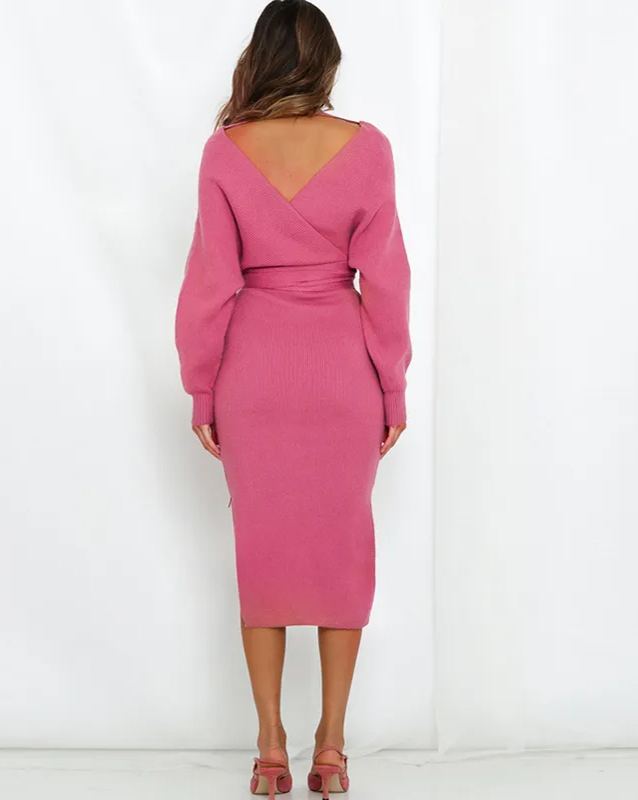 Knitted Slim V-neck Sweater Dress-Pink Laura