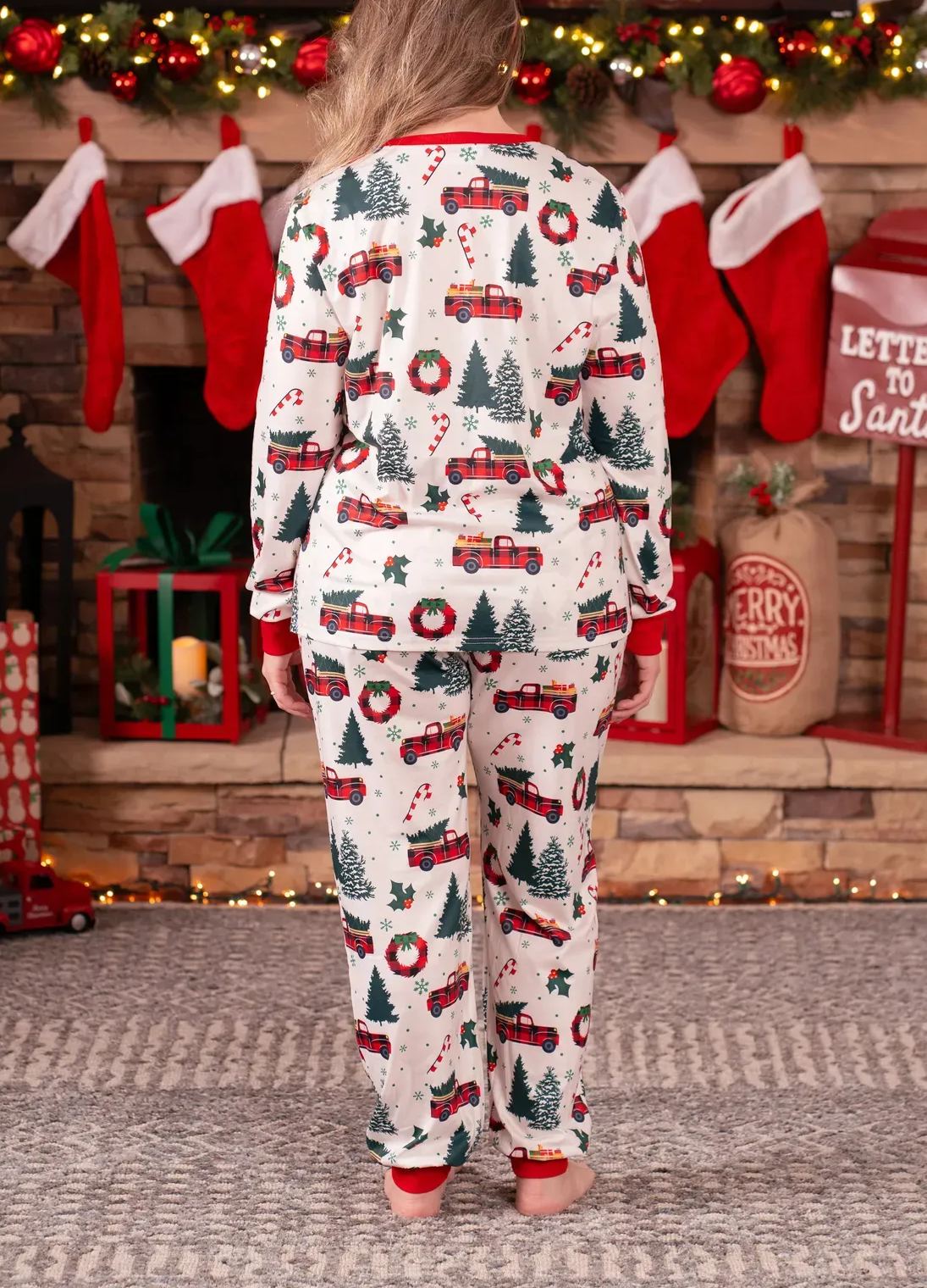 Matching Christmas Pajamas Tree & Car Print White Long-sleeve Pajamas Sets