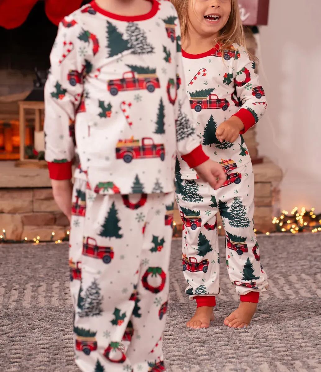 Matching Christmas Pajamas Tree & Car Print White Long-sleeve Pajamas Sets