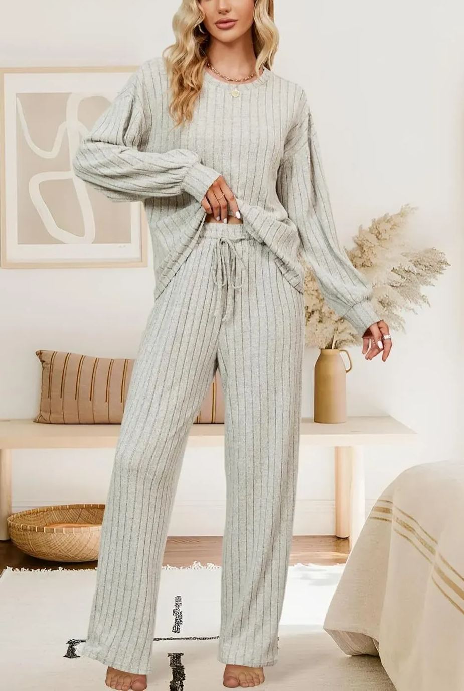 Women's Drawstring Cute Casual Long Sleeve Pajama Set