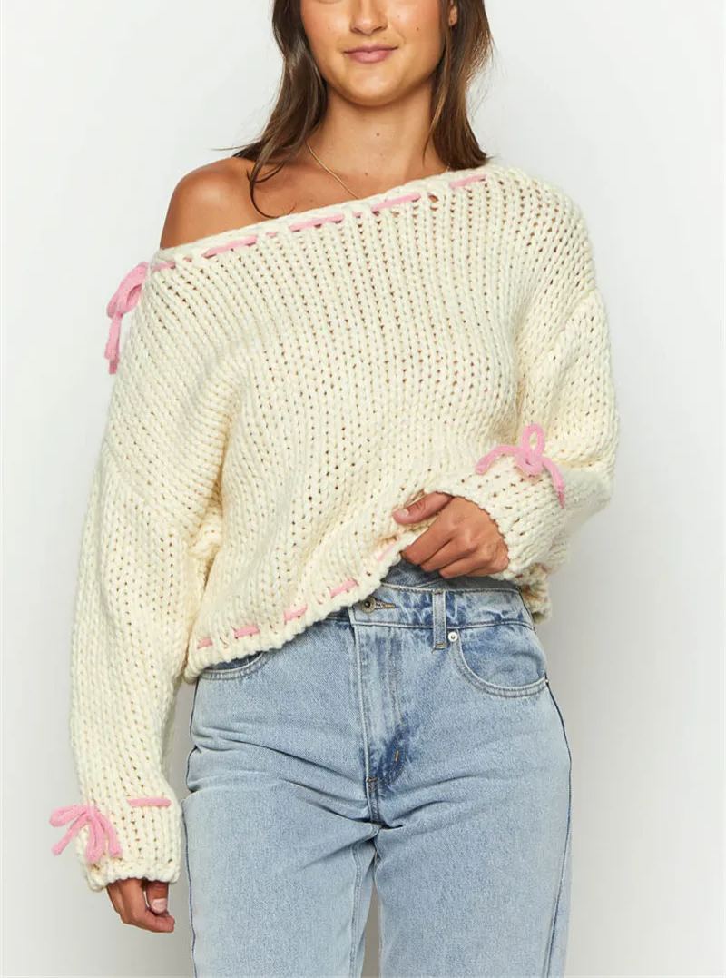Off Shoulder Bow Crop Knit Crewneck Knitwear Sweater