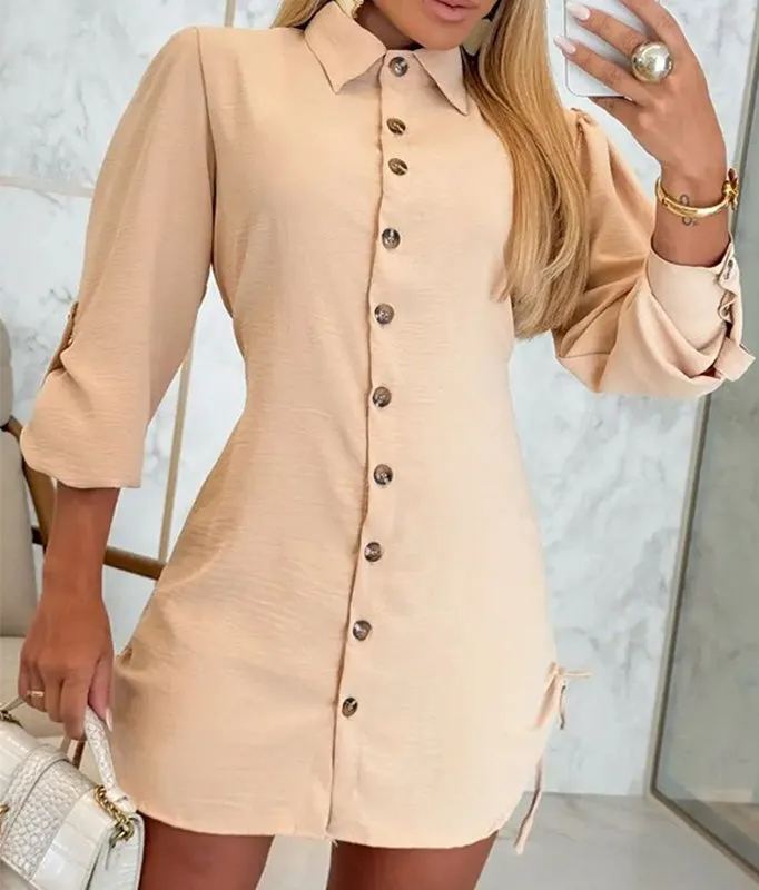 Side Drawstring Roll-Up Sleeve Casual Shirt Dress