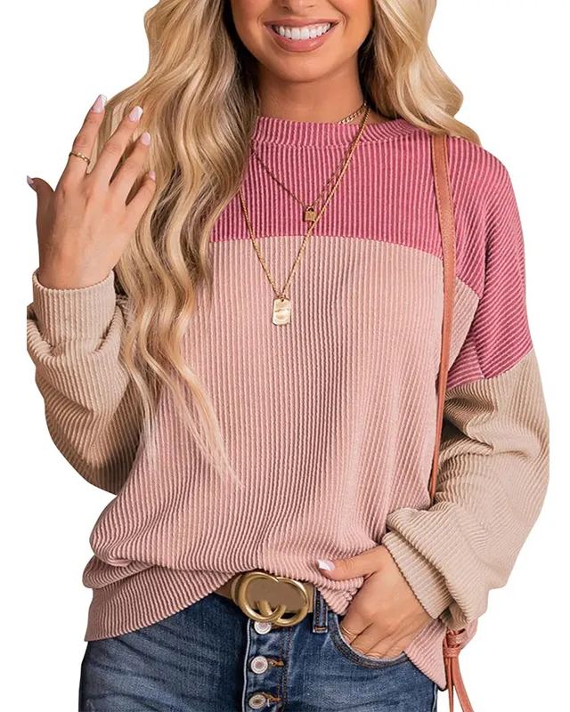 Women's Color Block Long Sleeve Crewneck Ribbed Tops (Buy 2 Free Shipping)
