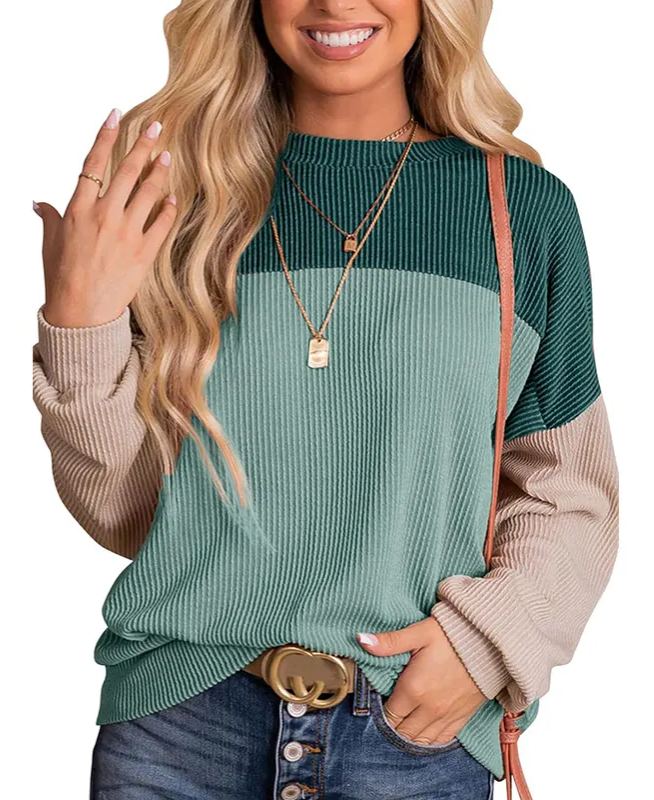 Women's Color Block Long Sleeve Crewneck Ribbed Tops (Buy 2 Free Shipping)