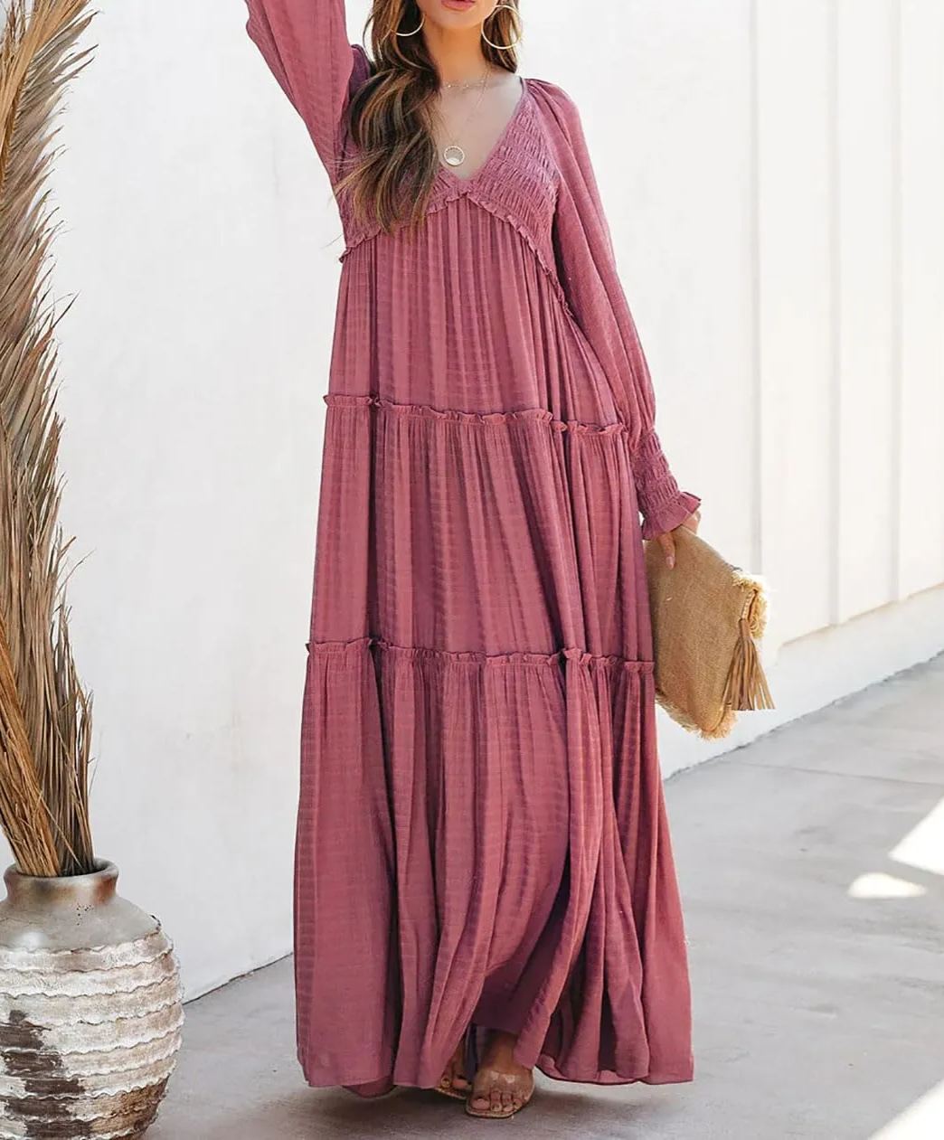 Women Long Sleeve V Neck Boho Casual Flowy Long Dresses