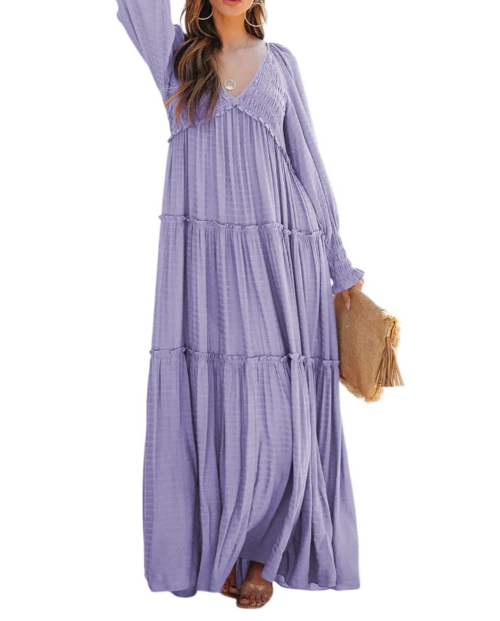 Women Long Sleeve V Neck Boho Casual Flowy Long Dresses