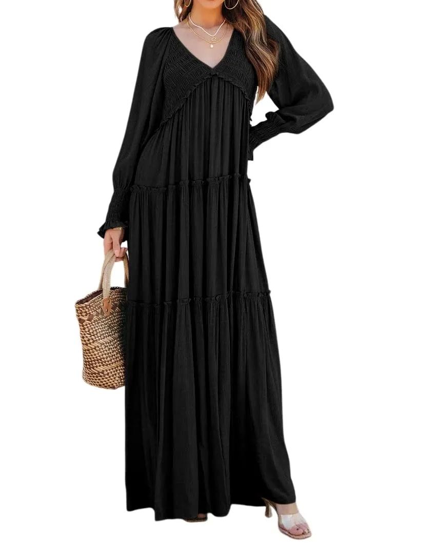 Women Long Sleeve V Neck Boho Casual Flowy Long Dresses