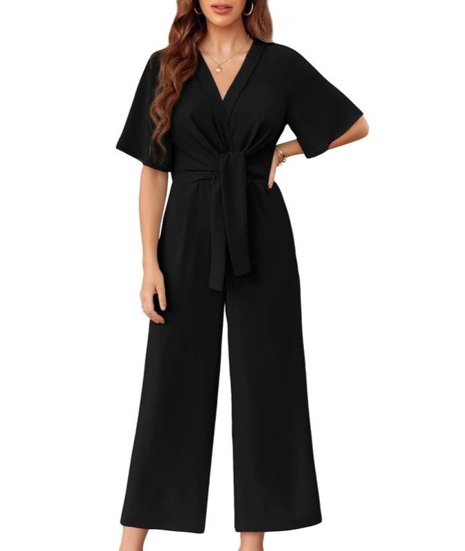 Womens Wide Leg Jumpsuits Short Sleeve V Neck Romper