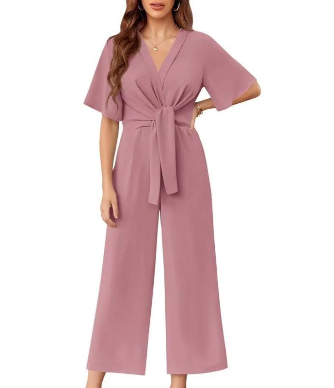 Womens Wide Leg Jumpsuits Short Sleeve V Neck Romper
