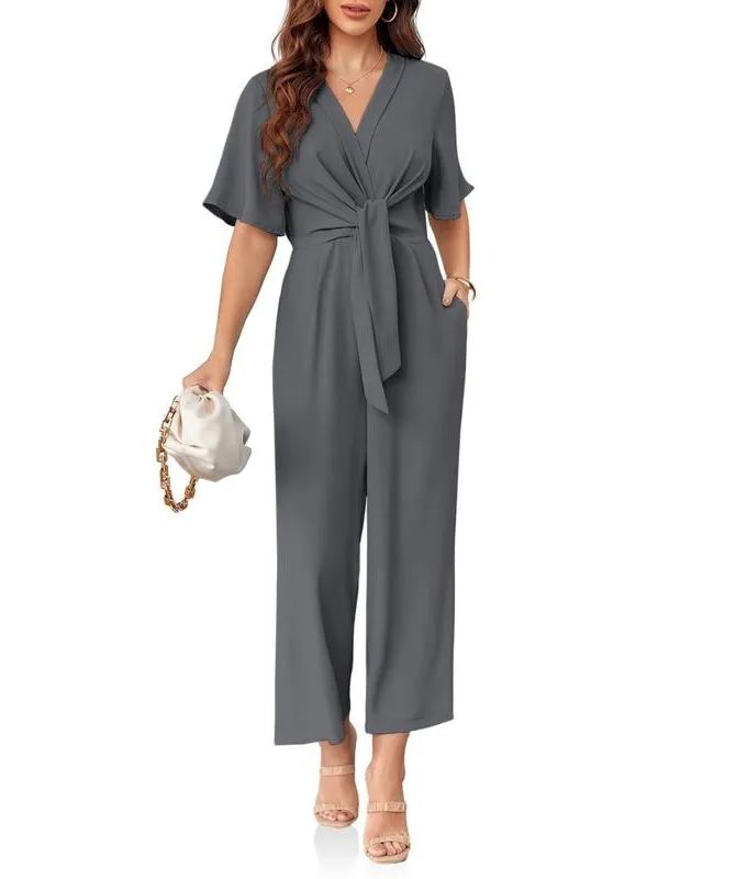 Womens Wide Leg Jumpsuits Short Sleeve V Neck Romper